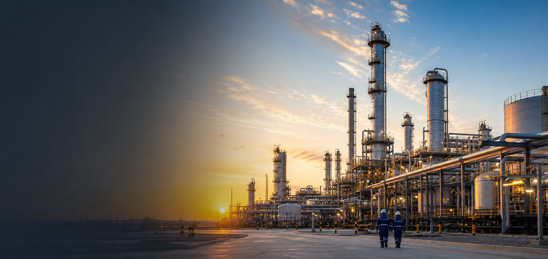Modern oil refinery with distillation columns and processing units