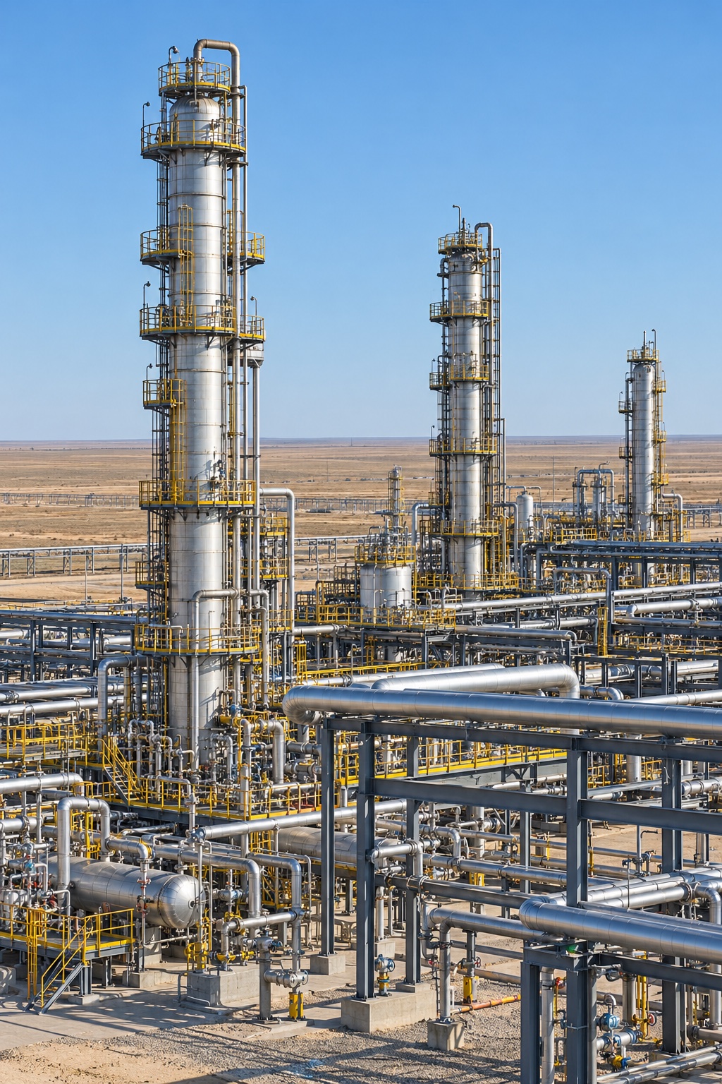 Illustrative view of petroleum processing towers, pipework, and safety platforms